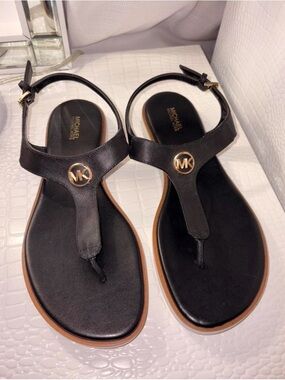 Michael Kors Black Leather MK Logo T-Strap Sandals with Brown Trim
